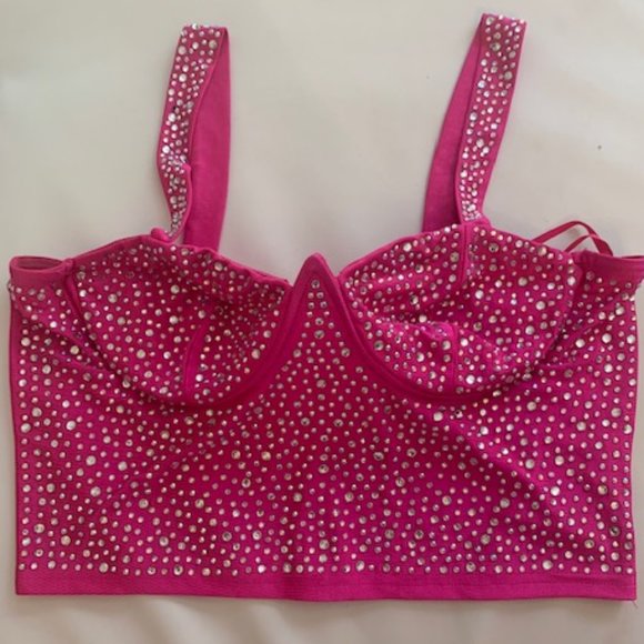 Banjul by Dolls Kill Hot Pink Crystal Crop Tank La - Picture 3 of 6